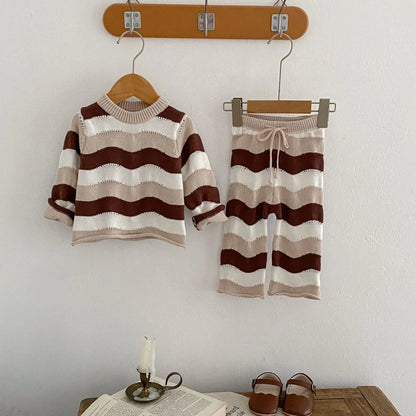 Spring And Autumn Baby Clothing For Girls Fashionable And Versatile Wave Contrasting Striped Knitted Top+Loose Pants Set