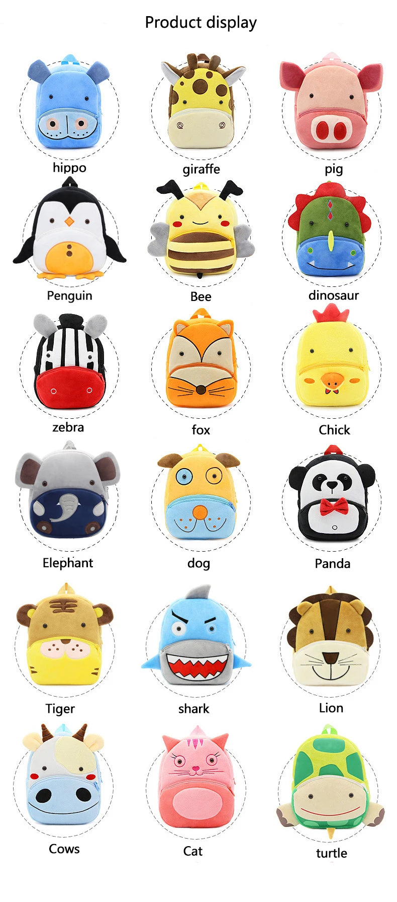 Cute cartoon animals school bags for Kindergarten kids backpack boys girls plush backpack