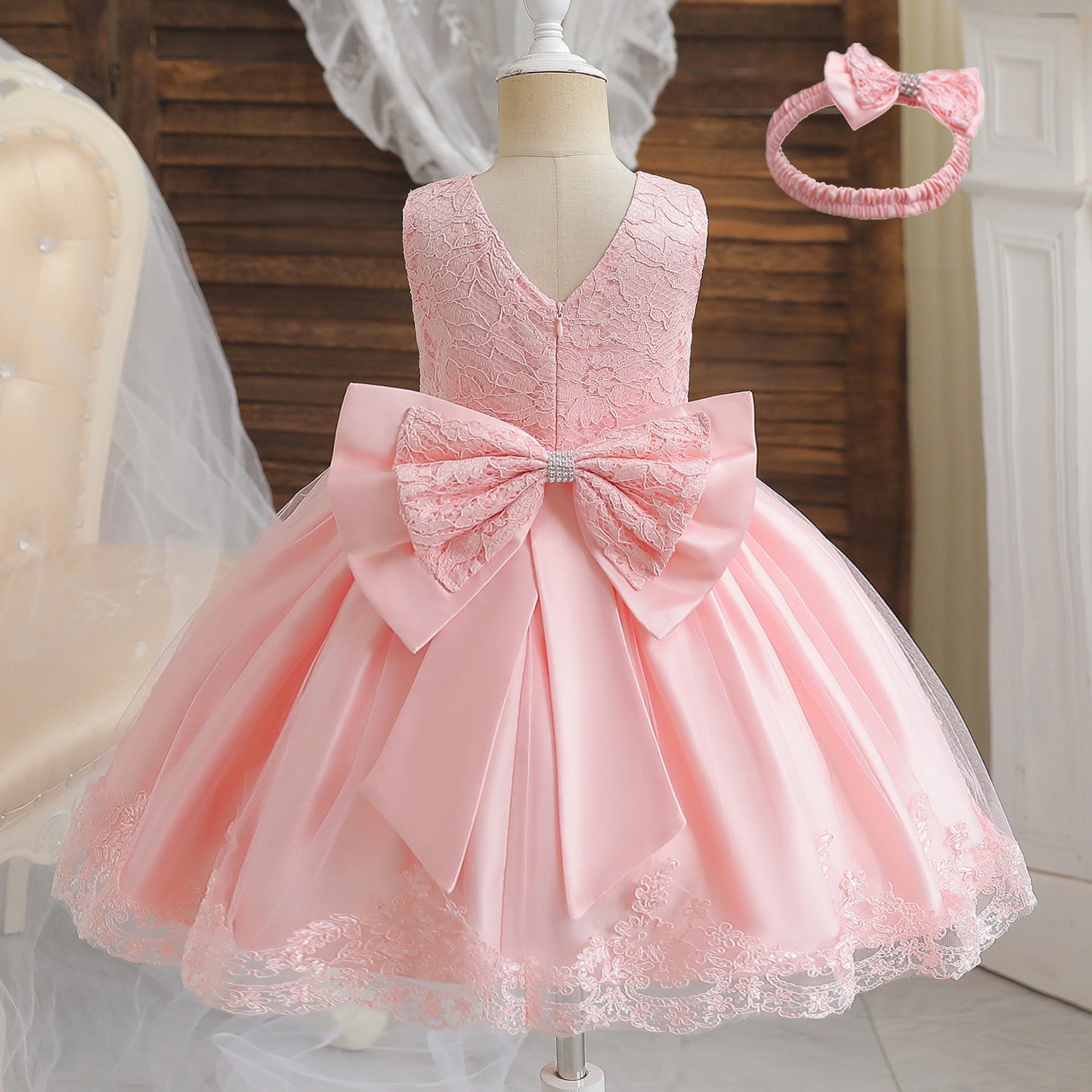 Girls Formal Wedding Party Dress for 1-5Y Infant Birthday Christening Lace Elegant Gown Christams Flower Dresses for Baby Girl