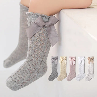 Cute Girls Knee High Socks Bows Cotton Breathable Soft Children Socks Hollow Out Non-slip Newborn Infant Long Mesh Socks 0-3Yrs