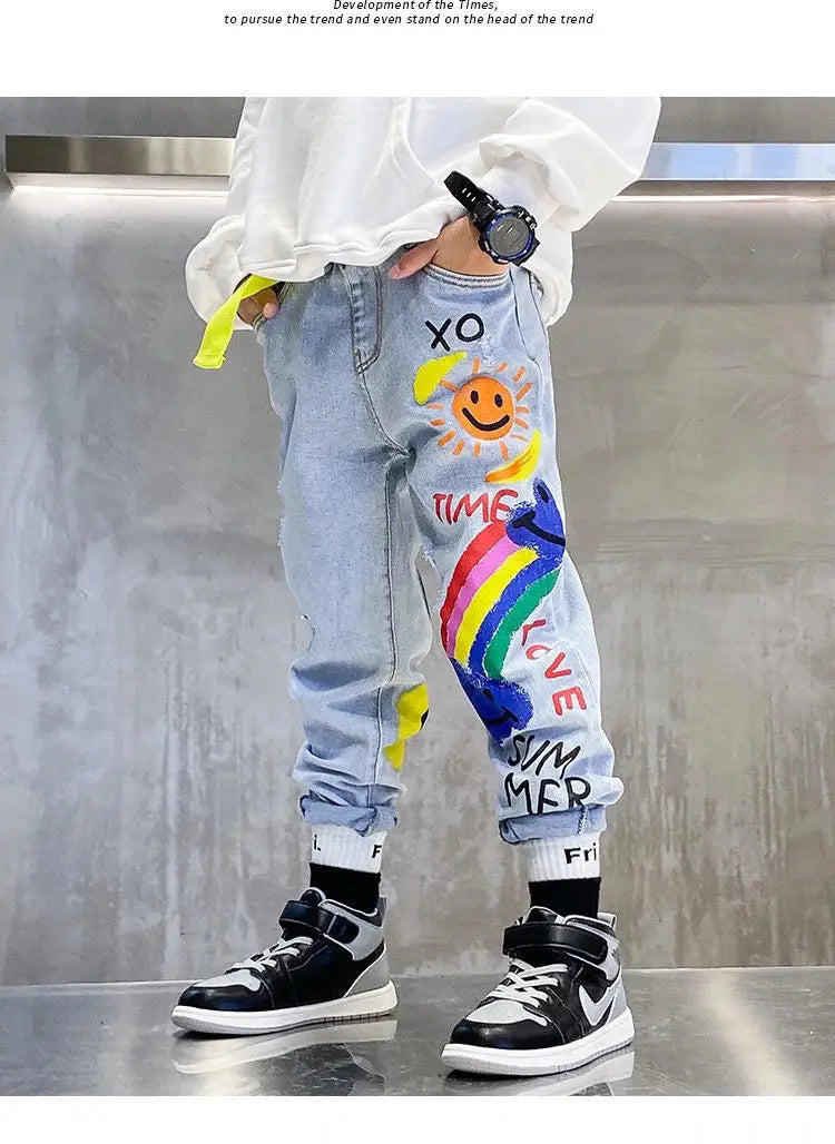 Boys' Jeans Spring and Autumn New Funny Head Medium and Big Children's Casual Children's Clothing Spring Loose Long Pants