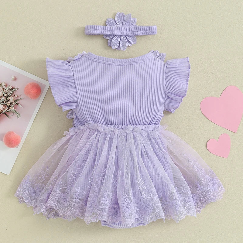 Newborn Baby Girls Rompers Dress Mesh Baby Girl Clothes Lace Patchwork Ruffle Jumpsuits 2pc Outfits Sunsuit Baby Clothing