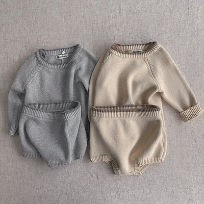 Korean Style Newborn Baby Boys Girls Clothing Set Long Sleeve Solid Color Knitted Pullover+Shorts Autumn Spring Clothes Suit