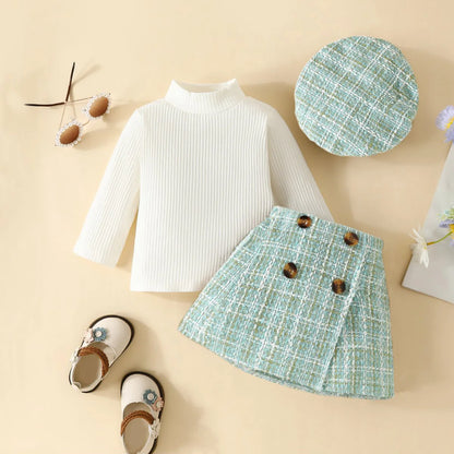 3 PCS Spring and Fall Baby Girl Long Sloup Top Plaid Half Dress & Hat Set Baby Berets Long Sloup T-Shippie Plaid Dress Set