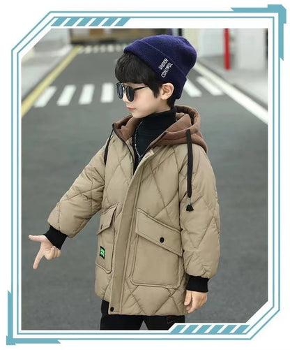 Winter Boys Outerwear Thicken Warm Coats Kids Plus Velvet Jackets Hooded Trends Overcoat 2023 Teens Casual Windproof Parkas