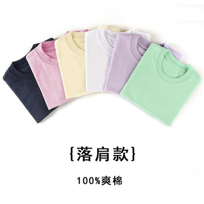 Kids Dropped Shoulder Short-sleeved T-shirt Summer New Pure Cotton Round Neck Loose Bottoming Shirt Student Sportswear 2-10Y