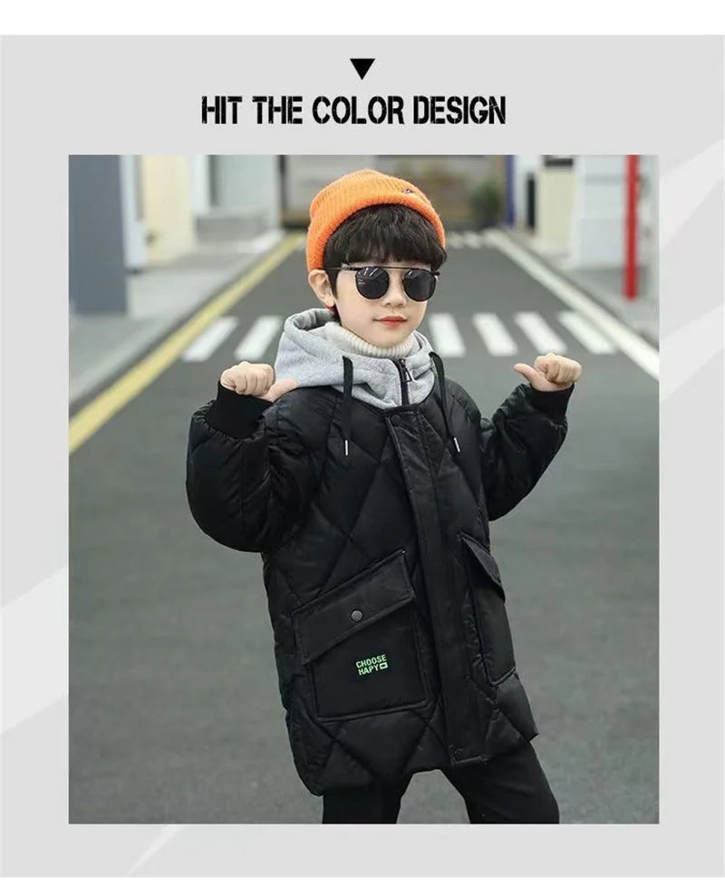 Winter Boys Outerwear Thicken Warm Coats Kids Plus Velvet Jackets Hooded Trends Overcoat 2023 Teens Casual Windproof Parkas