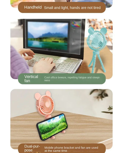 Fan for Cart Stroller Fans Portable Cartoon Outdoor Fan Clip on For Baby USB Rechargeable Handheld Electric Fan for Home 3 Speed