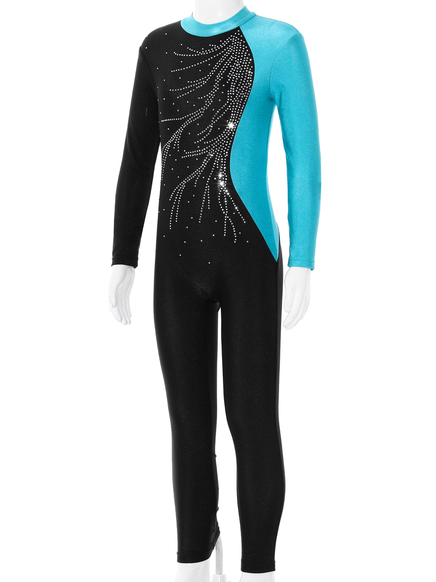 Kids Girls Long Sleeve Shiny Rhinestone Color Block Leotards Dance Gymnastic Jumpsuit for Yoga Unitards Biketards Sports Workout