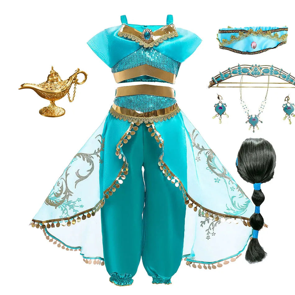 Children Aladdin Lamp Dress Kids Jasmine Costume Girls Birthday Princess Cosplay Shoulderless Outfit Carnival Clothes 3-10T