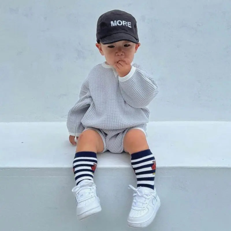 Korea Baby Jungen Waffel Kleidung Set 2023 Herbst Neue Baby Mädchen 2 Teile/satz Kleidung Pullover + PP Hosen Shorts 0-2Y baby Sportswear Anzug