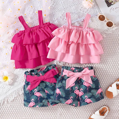 Baby-Kleidungsset für 6 Monate – 3 Jahre, ärmelloses bauchfreies Top und Shorts mit Flamingo-Cartoon, Outfit, Kleidungsanzug für neugeborene Mädchen