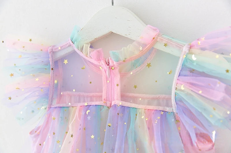 2023 sommer Neue Mädchen Party Kleid Regenbogen Pailletten Geburtstag Prinzessin Kostüm Für Kinder Baby Urlaub Strand Bade Mesh Kuchen Kleidung