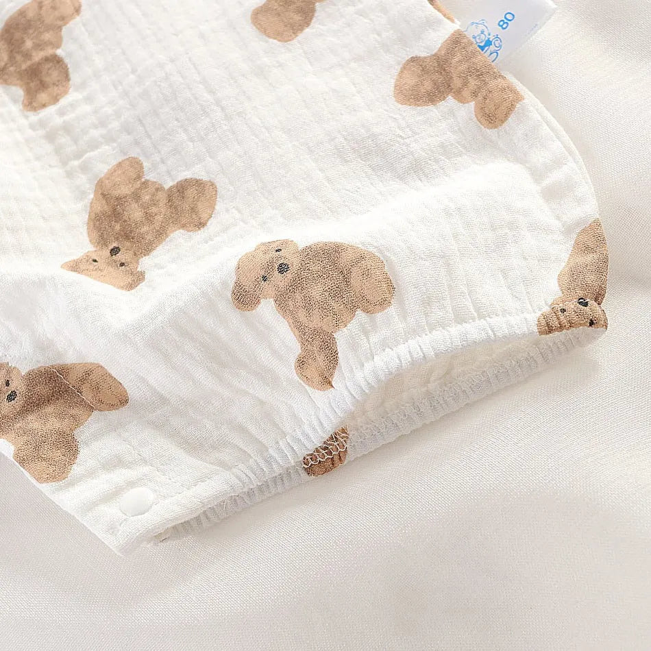 Baby Jumpsuit Newborn Summer Casual Onesie Boys Girls Bear Sleeper Infant Birthday Muslin One-Piece White Beige Romper with Hat