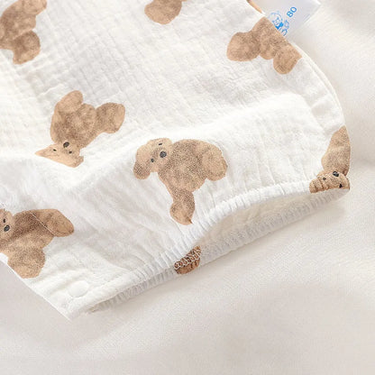 Baby-Overall für Neugeborene, Sommer, lässiger Einteiler für Jungen und Mädchen, Bären-Schlafanzug, Säuglingsgeburtstag, Musselin, Einteiler, weiß, beige, Strampler mit Mütze