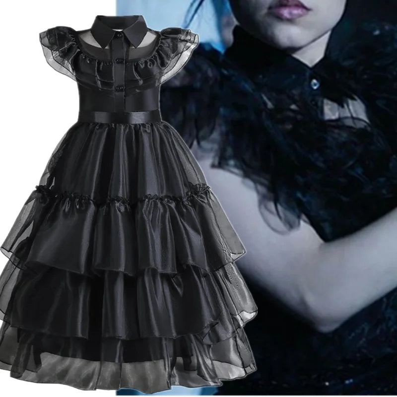 Wednesday Addam Kleid für Mädchen 3–10 Jahre Halloween-Party Schwarzes Gothic Cosplay Kostüm Sommer Kinderkleidung Tägliche Freizeit-Outfits