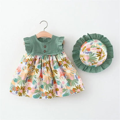 2Pcs Summer Girls' Baby Sleeveless Dress With Flower Print Splice Infant Dress Pastoral Style Girl Children'S Clothing+Gift Hat