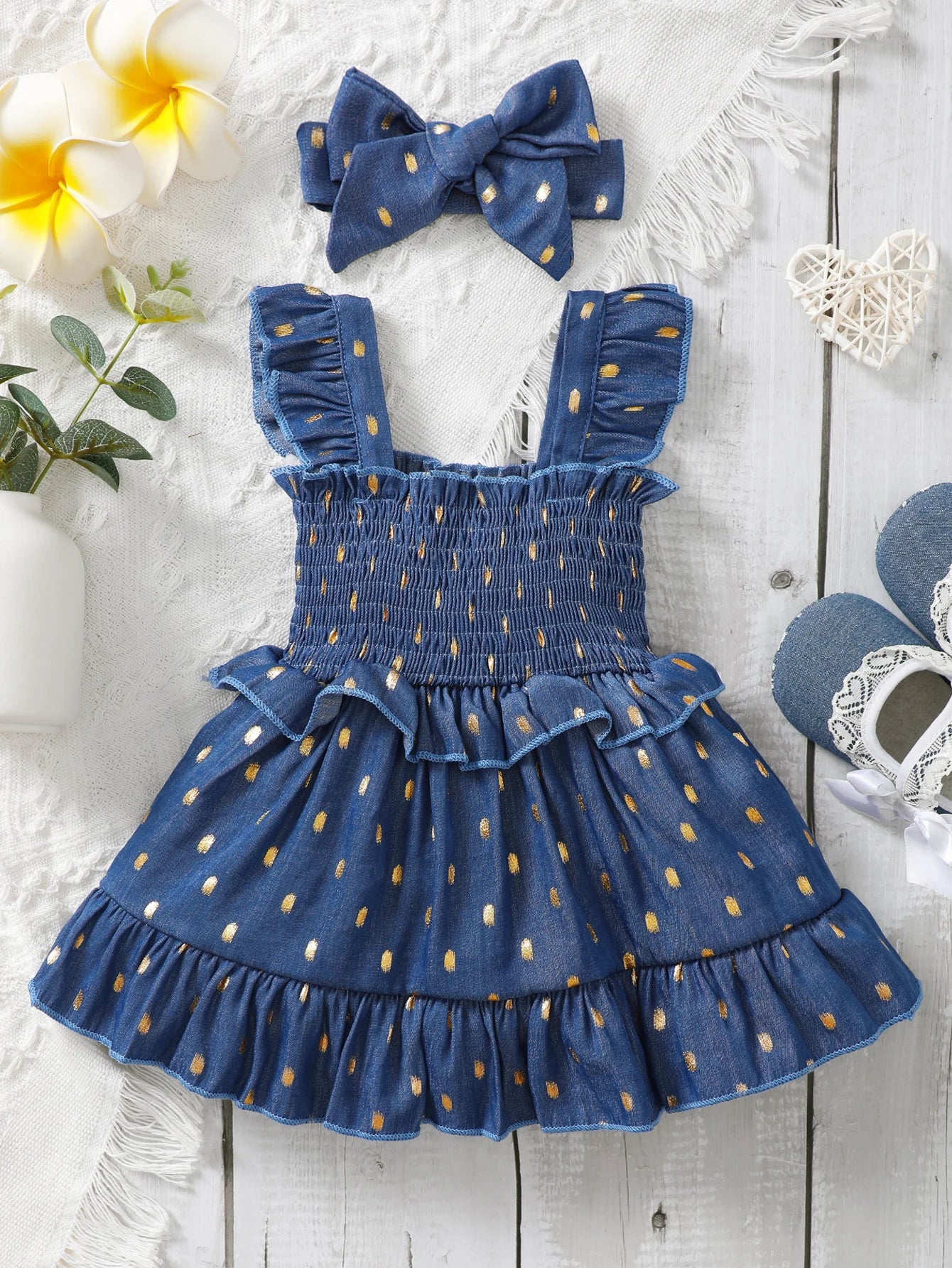 3-24Months Infant Baby Girl Golden Dot Slip Blue Dress Toddler Girl Summer Fashion Party Princess Dresses with Headband 2Pcs Set