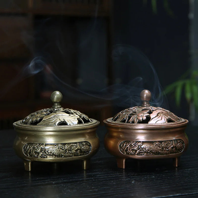 New Carving process Hollow Out Copper Incense Burner Classical Antique Three Legged Incense Burner Zen Household Decorative