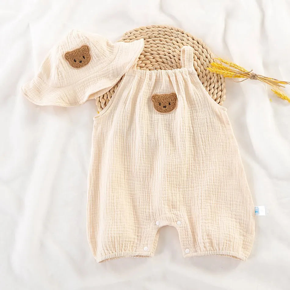 Baby-Overall für Neugeborene, Sommer, lässiger Einteiler für Jungen und Mädchen, Bären-Schlafanzug, Säuglingsgeburtstag, Musselin, Einteiler, weiß, beige, Strampler mit Mütze