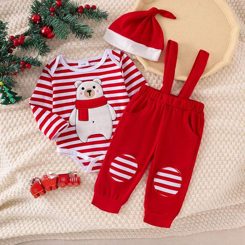 Baby Weihnachtskleidung Junge Mädchen Bärendruck Langarm Strampler Gestreifte Hosenträgerhose Mütze Neugeborenes Weihnachtskleidungsset