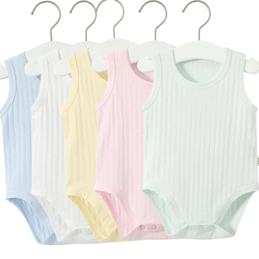 Hochwertiger, weicher, atmungsaktiver Baby-Strampler aus 100 % Baumwolle, ärmellos, Rundhalsausschnitt, Sommer-Baby-Body, schlichte Säuglingskleidung