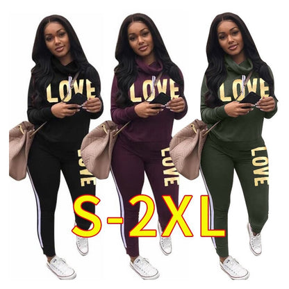 2 Piece Women’s LOVE Letter Print Tracksuit - High Neck Hoodie and Sweatpants Set