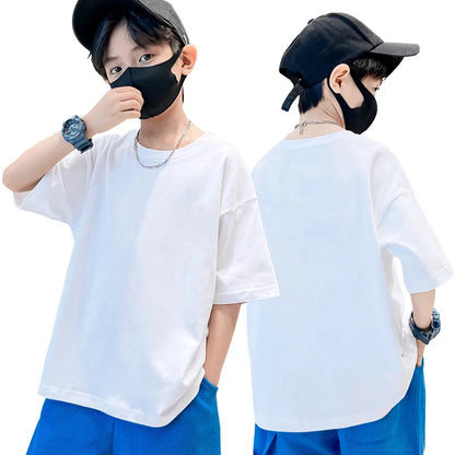 Kids Dropped Shoulder Short-sleeved T-shirt Summer New Pure Cotton Round Neck Loose Bottoming Shirt Student Sportswear 2-10Y