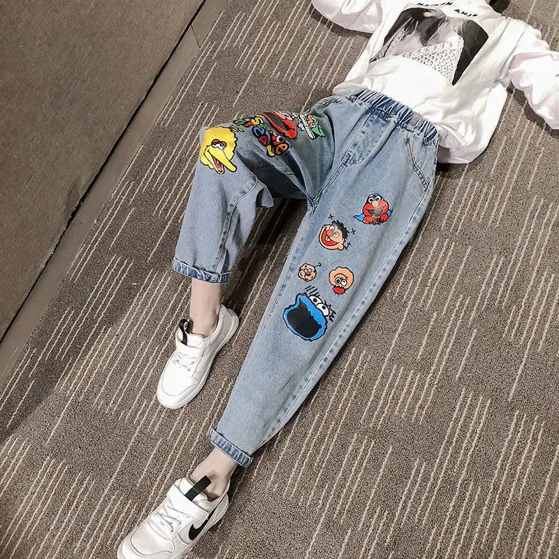 Boys' Jeans Spring and Autumn New Funny Head Medium and Big Children's Casual Children's Clothing Spring Loose Long Pants