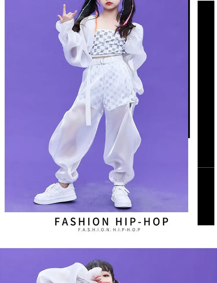 Kpop Mädchen Kleidung Jazz Dance Kostüm Weiß Leistung Anzug Hip Hop Modern Dance Outfit Kinder Bühne Tragen Mode Kleidung