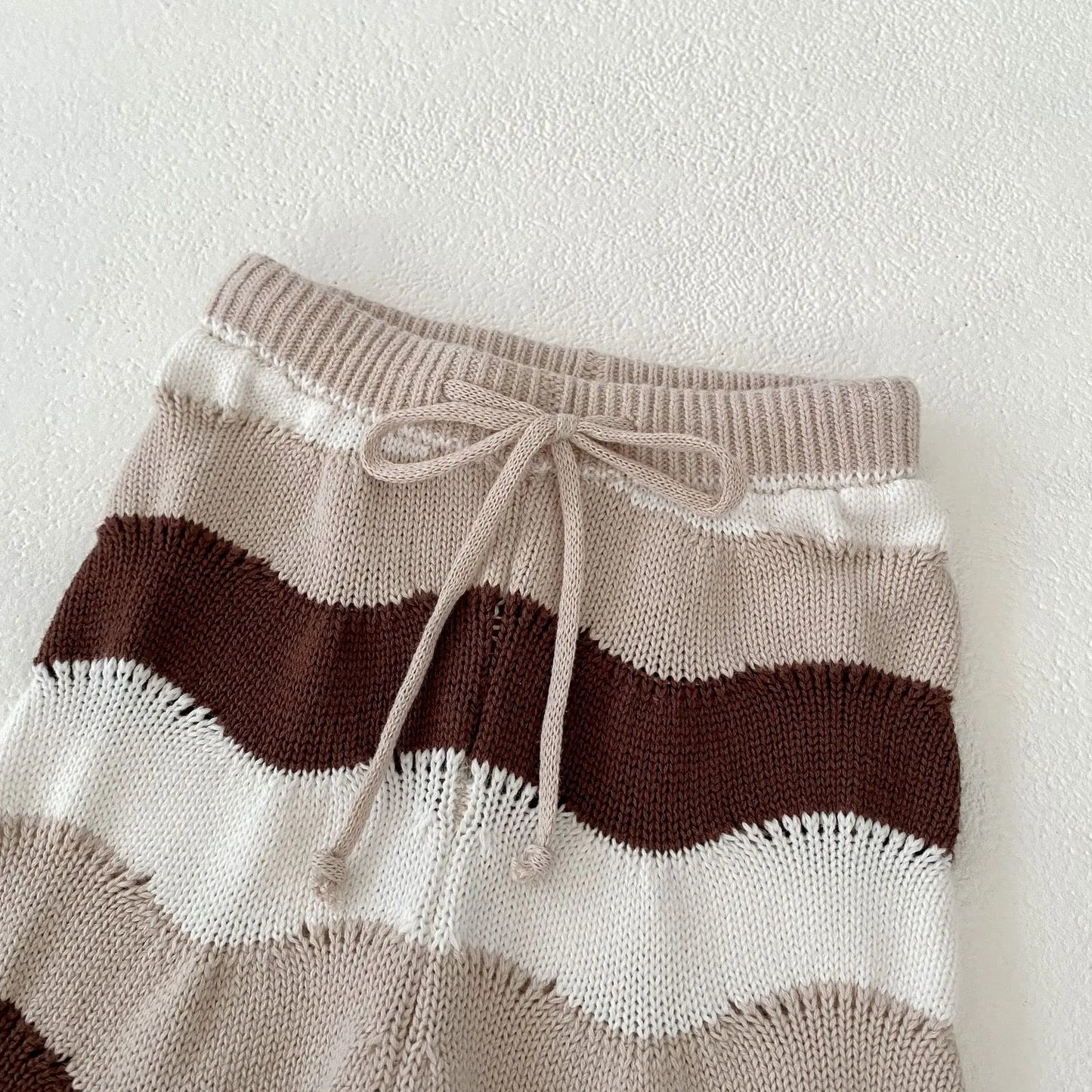 Spring And Autumn Baby Clothing For Girls Fashionable And Versatile Wave Contrasting Striped Knitted Top+Loose Pants Set