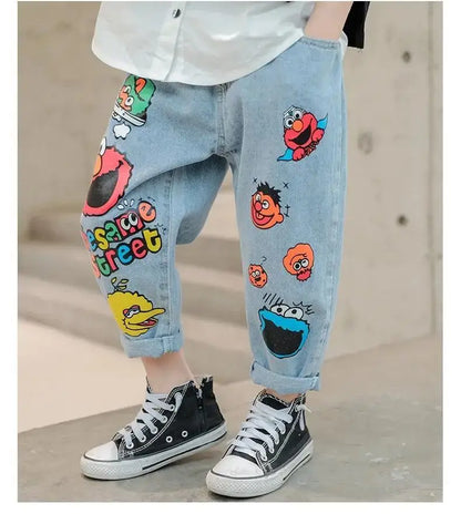 Boys' Jeans Spring and Autumn New Funny Head Medium and Big Children's Casual Children's Clothing Spring Loose Long Pants