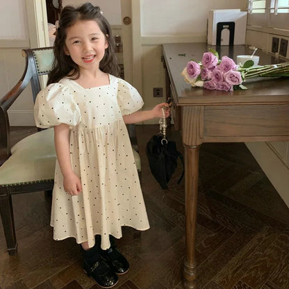 Girls' Dress Dotted Bubble Sleeve Lace up Dress Princess Dress Summer Party Princess Dress Children's Baby Kids Girls Clothing