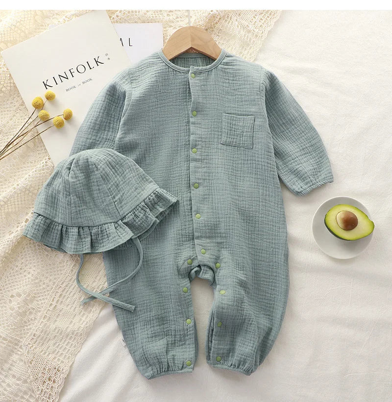 Musselin Baby-Overall Mütze Langarm Baumwolle Kleinkind Strampler für Jungen Mädchen Einfarbig Frühling Herbst Baby Kleidung Neugeborenen Onesie