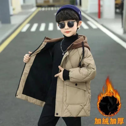 Winter Jungen Oberbekleidung Verdicken Warme Mäntel Kinder Plus Samt Jacken Mit Kapuze Trends Mantel 2023 Teens Casual Winddichte Parkas