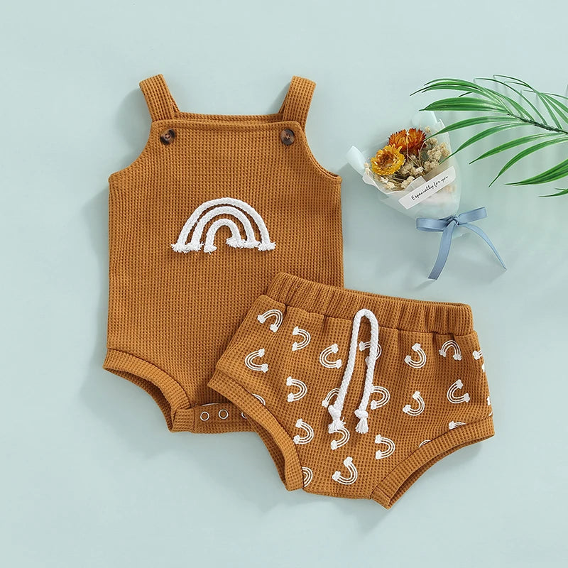 0-18M Baby Sommer Kleidung Set Neugeborenen Infant Shell Print Hosenträger Stricken Bodys Shorts Kleinkind Outfits Jungen Mädchen strickwaren