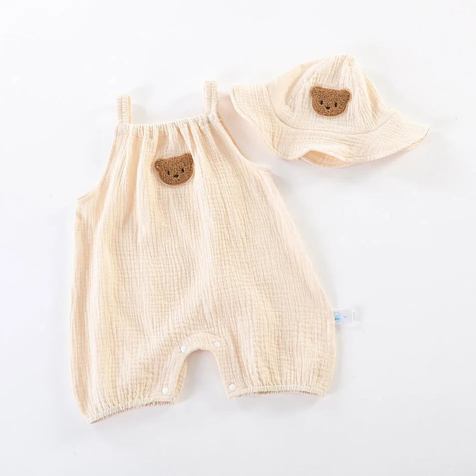 Baby-Overall für Neugeborene, Sommer, lässiger Einteiler für Jungen und Mädchen, Bären-Schlafanzug, Säuglingsgeburtstag, Musselin, Einteiler, weiß, beige, Strampler mit Mütze