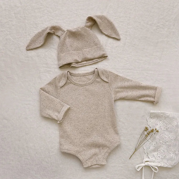 Baby Autumn Single Breasted Long Jumpsuit Baby Boys Girls Colored Cotton Romper+Rabbit Ear Hat Dotted Ribbed Pit Stripe Romper