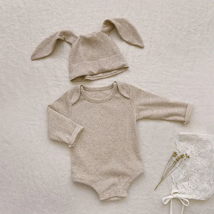 Baby-Jumpsuit für Herbst, einreihig, lang, für Jungen und Mädchen, farbig, aus Baumwolle, Strampler + Mütze mit Hasenohren, gepunkteter gerippter Strampler mit Streifen