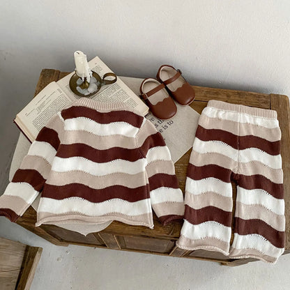 Spring And Autumn Baby Clothing For Girls Fashionable And Versatile Wave Contrasting Striped Knitted Top+Loose Pants Set