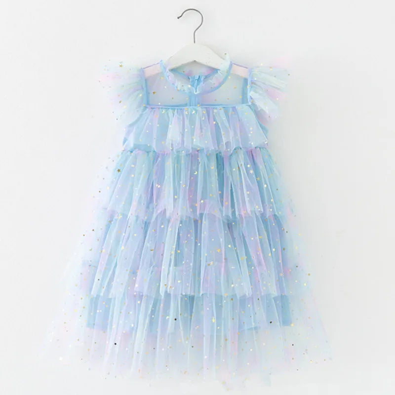 2023 sommer Neue Mädchen Party Kleid Regenbogen Pailletten Geburtstag Prinzessin Kostüm Für Kinder Baby Urlaub Strand Bade Mesh Kuchen Kleidung