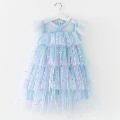 2023 sommer Neue Mädchen Party Kleid Regenbogen Pailletten Geburtstag Prinzessin Kostüm Für Kinder Baby Urlaub Strand Bade Mesh Kuchen Kleidung