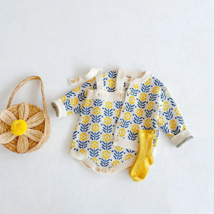 Frühling Babyanzug Kleidung, Baby Pullover mit Blumen, Mädchen Strickjacke + Overall Krabbelanzug Dreieck Hoodie Zweiteiler Set