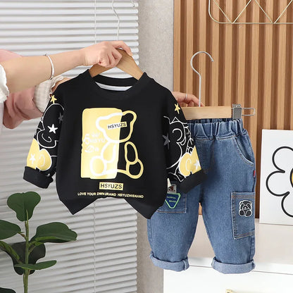 2024 Spring Baby Boy Outfit Set - Cartoon O-Neck Pullover Long Sleeve T-Shirt and Pants (1-5 Years)