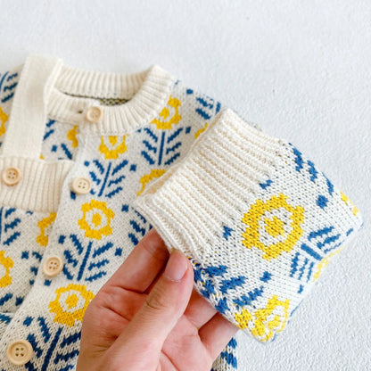 Frühling Babyanzug Kleidung, Baby Pullover mit Blumen, Mädchen Strickjacke + Overall Krabbelanzug Dreieck Hoodie Zweiteiler Set