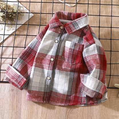 Boys' shirt long sleeved autumn checkered shirt children's retro color patchwork cardigan new lapel top coat girl