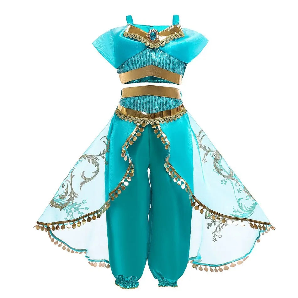 Children Aladdin Lamp Dress Kids Jasmine Costume Girls Birthday Princess Cosplay Shoulderless Outfit Carnival Clothes 3-10T