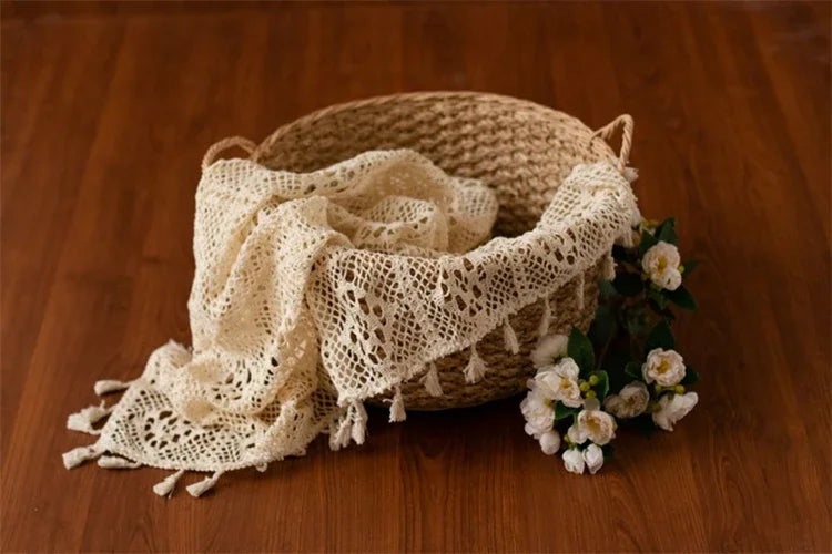 Newborn Photography Props Photography Mat Cotton Lace Blanket Fotografia Baby Photo Shoot Wrap Backdrop Beige Tassel Blanket