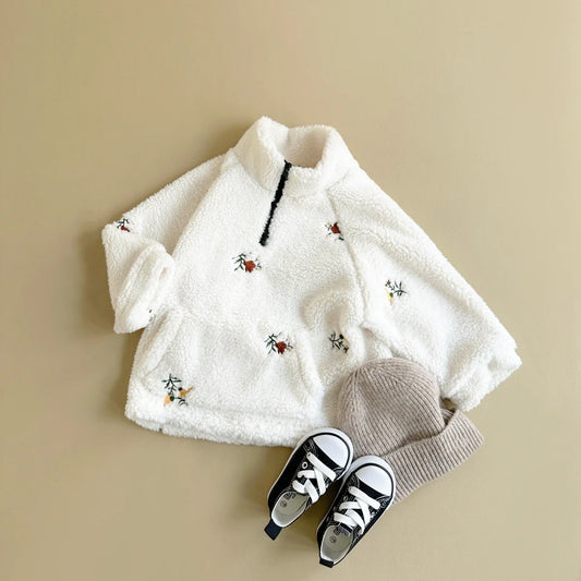 Newborn Baby Girl Boy Winter Clothes Wool Jacket Embroidered Flower Zippered Baby Thick Style Warm Coat for 1-3Ybaby Baby Coat