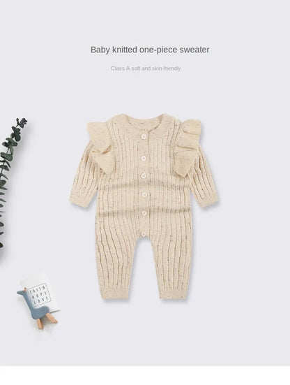 Baby Sweater Jumpsuit Knitted Ruffled Button Up Long Sleeve Solid Baby Rompers Toddlers Girls Outfit Newborn Baby Clothes